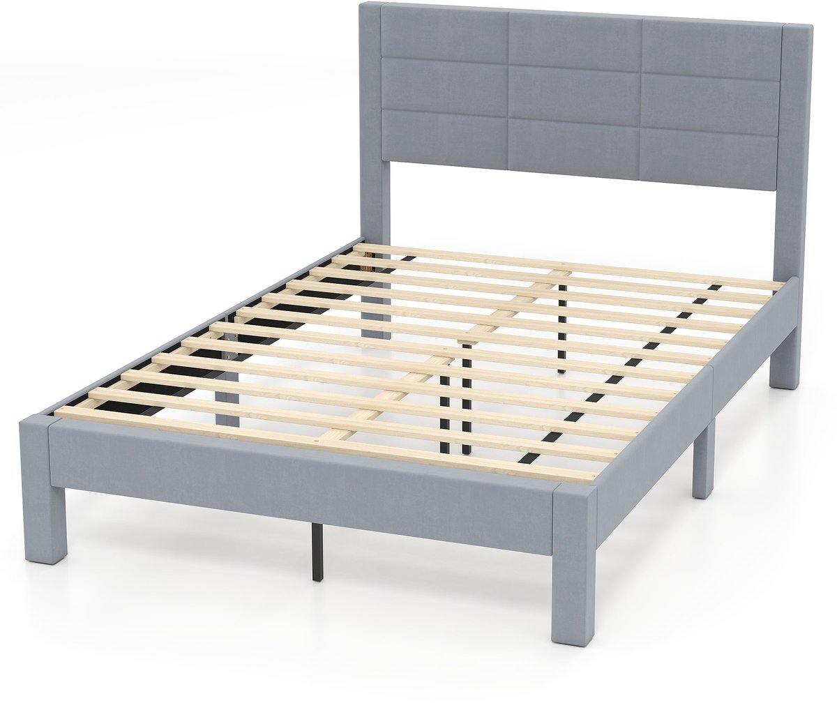 Costway Bedframe voor matras van 200 x 140 cm, fluwelen stof, gevoerd tweepersoonsbedframe, platformbed met hoofdeinde, houten lattenondersteuning, verstelbare voetkussens, grijs (model kruisvorm, M)
