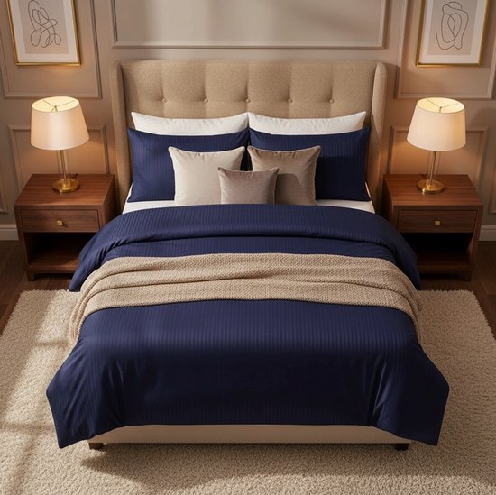 Donkerblauw dekbedovertrek met fijne verticale streep, met beige plaid erop, in een slaapkamer met beige hoofdbord en nachtkastjes.