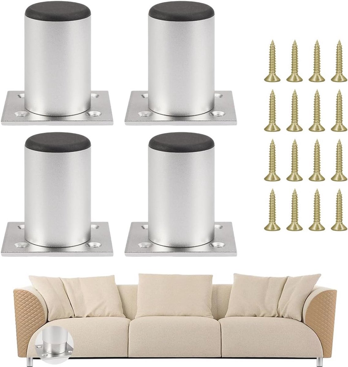Verstelbare Meubelpoten 6 cm - 4 Stuks, Zilverkleurig, Roestvrij Staal en Aluminiumlegering - Ideaal voor Keuken, Bureau en Kast