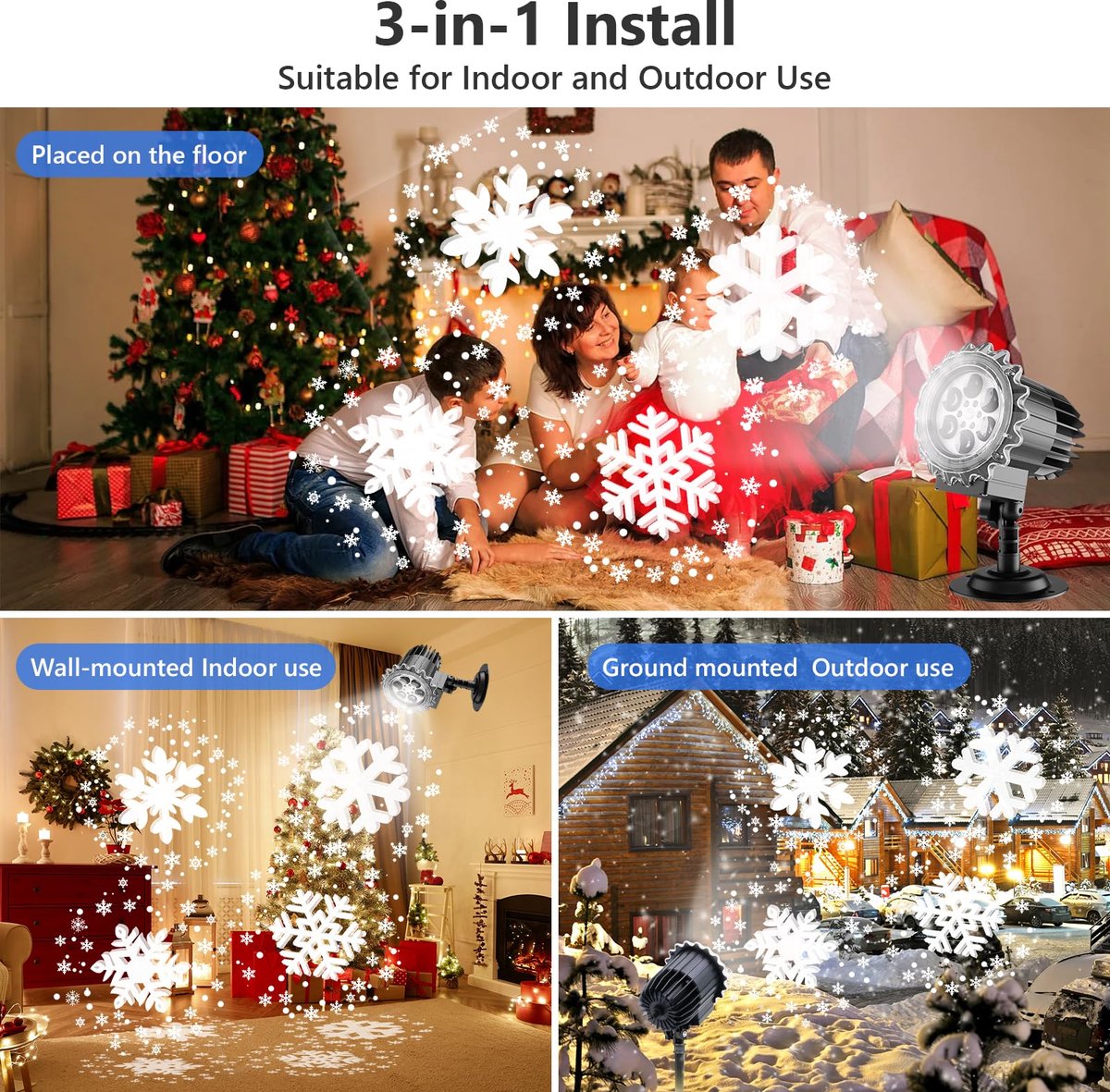 Kerst sneeuwvlokprojector -LED-sneeuwvlokprojectorlamp voor buiten - Buiten kerstprojector - Waterdichte kerstprojector - 180° verstelbare rotatie - Geschikt voor bruiloftsfeesten, feestdagen, Halloween en kerstversieringen - Zwart – foto 7