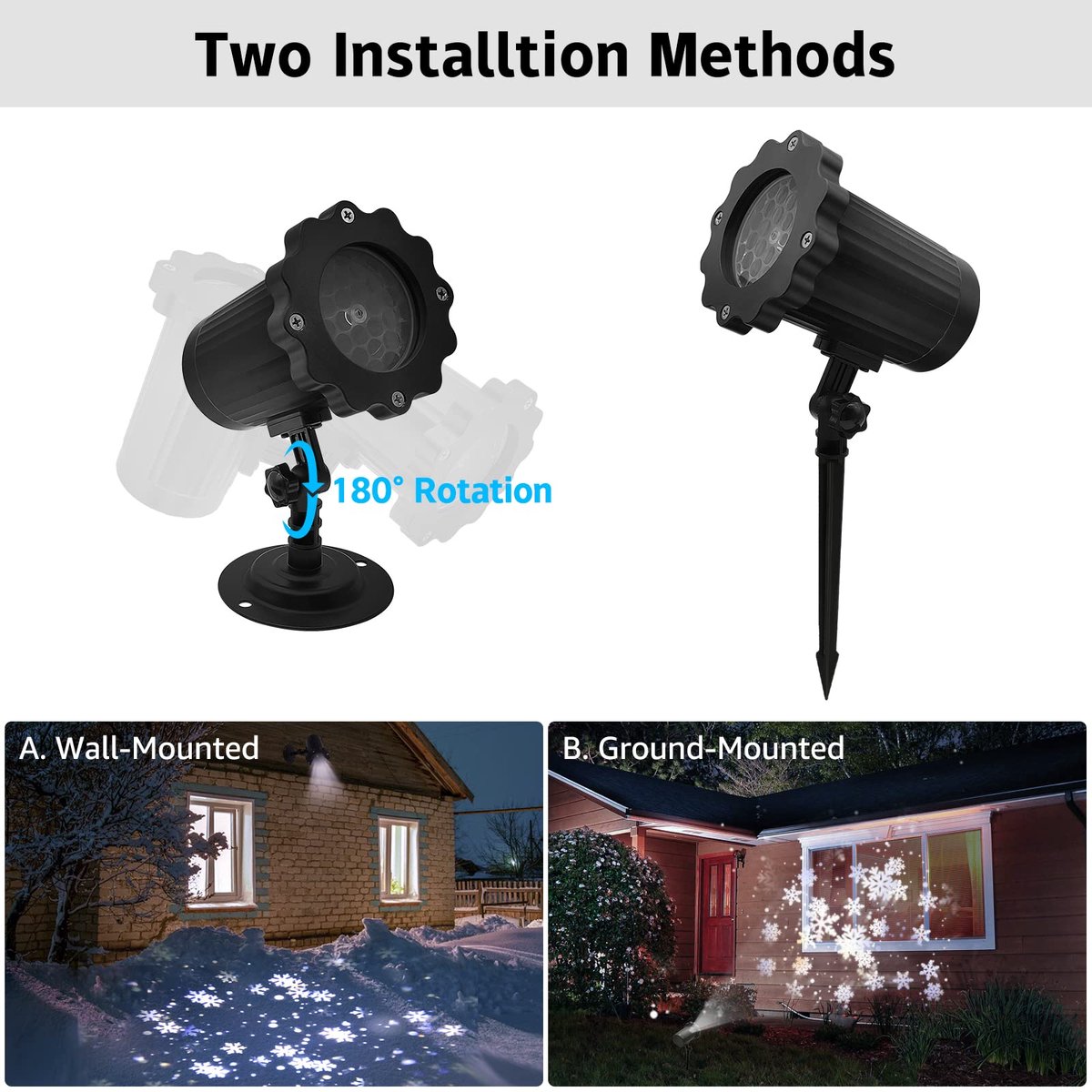 Kerst sneeuwvlokprojector -LED-sneeuwvlokprojectorlamp voor buiten - Buiten kerstprojector - Waterdichte kerstprojector - 180° verstelbare rotatie - Geschikt voor bruiloftsfeesten, feestdagen, Halloween en kerstversieringen - Zwart – foto 4