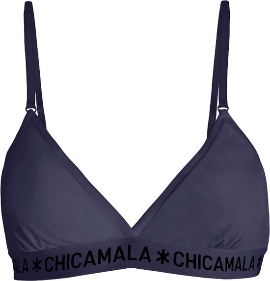 Donkerblauwe bralette met verstelbare bandjes en elastische band met CHICAMALA logo.