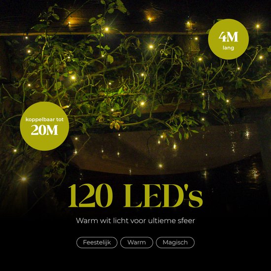 Slangverlichting met 120 warm witte LED's, 4 meter lang, koppelbaar tot 20 meter.