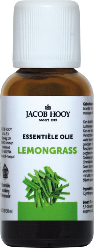 Jacob Hooy essentiële olie Lemongrass. Glazen flesje met witte dop. Label toont naam en afbeelding van citroengras.