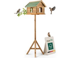 Moorland Houten Voederhuisje op Paal 135 cm met Ramen – Groot Gesloten Vogelhuisje – Weerbestendig FSC Vogelhuis Groene Schindeldak voor Tuin, Balkon & Terras – Vogelvoederhuisje voor Buiten – VH2