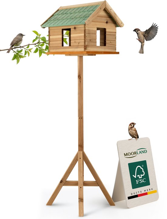 Moorland Houten Voederhuisje op Paal 135 cm met Ramen – Groot Gesloten Vogelhuisje – Weerbestendig FSC Vogelhuis Groene Schindeldak voor Tuin, Balkon & Terras – Vogelvoederhuisje voor Buiten – VH2