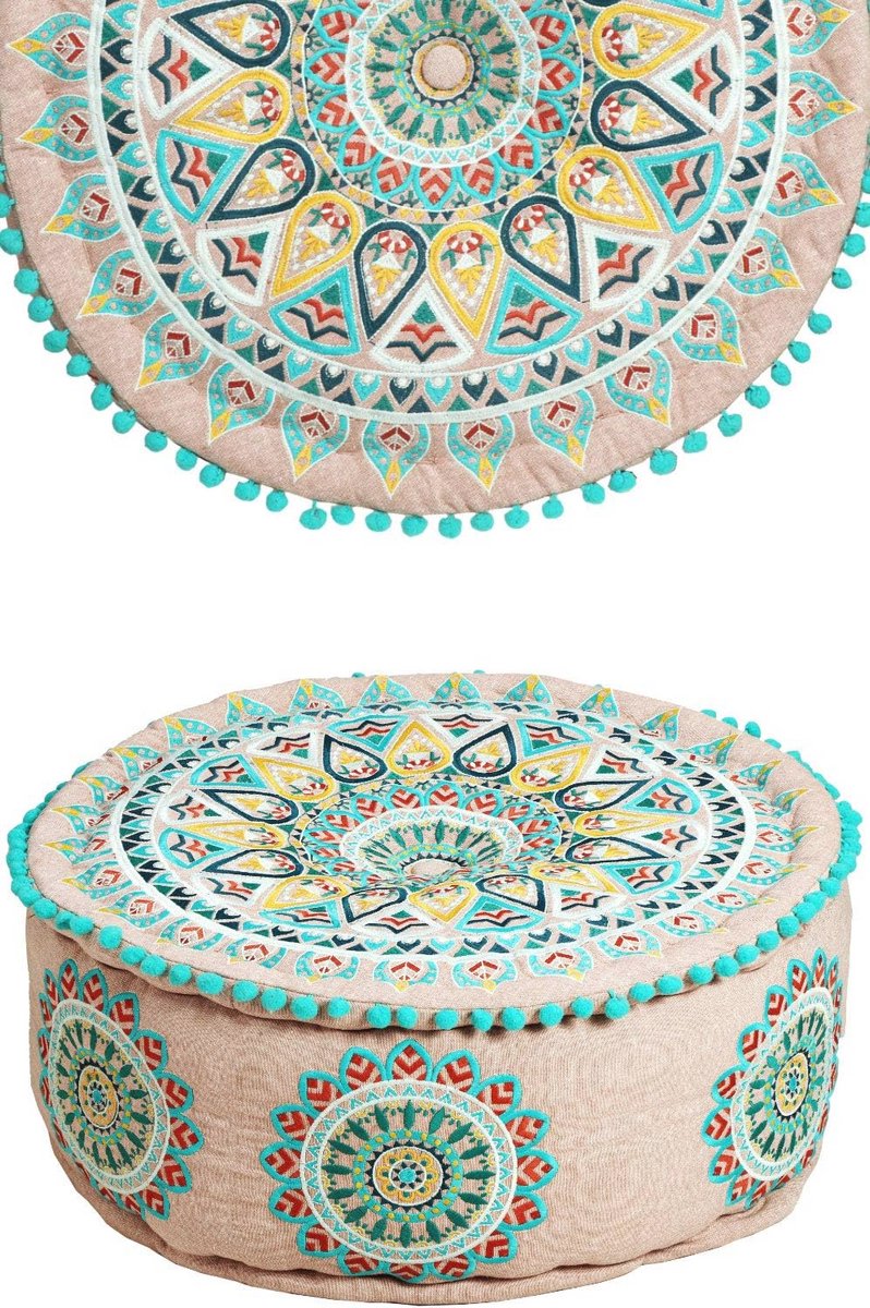 Ronde Poef van Katoen - Boho Decoratief Zitkussen en Vloerkussen - Ø 50 cm