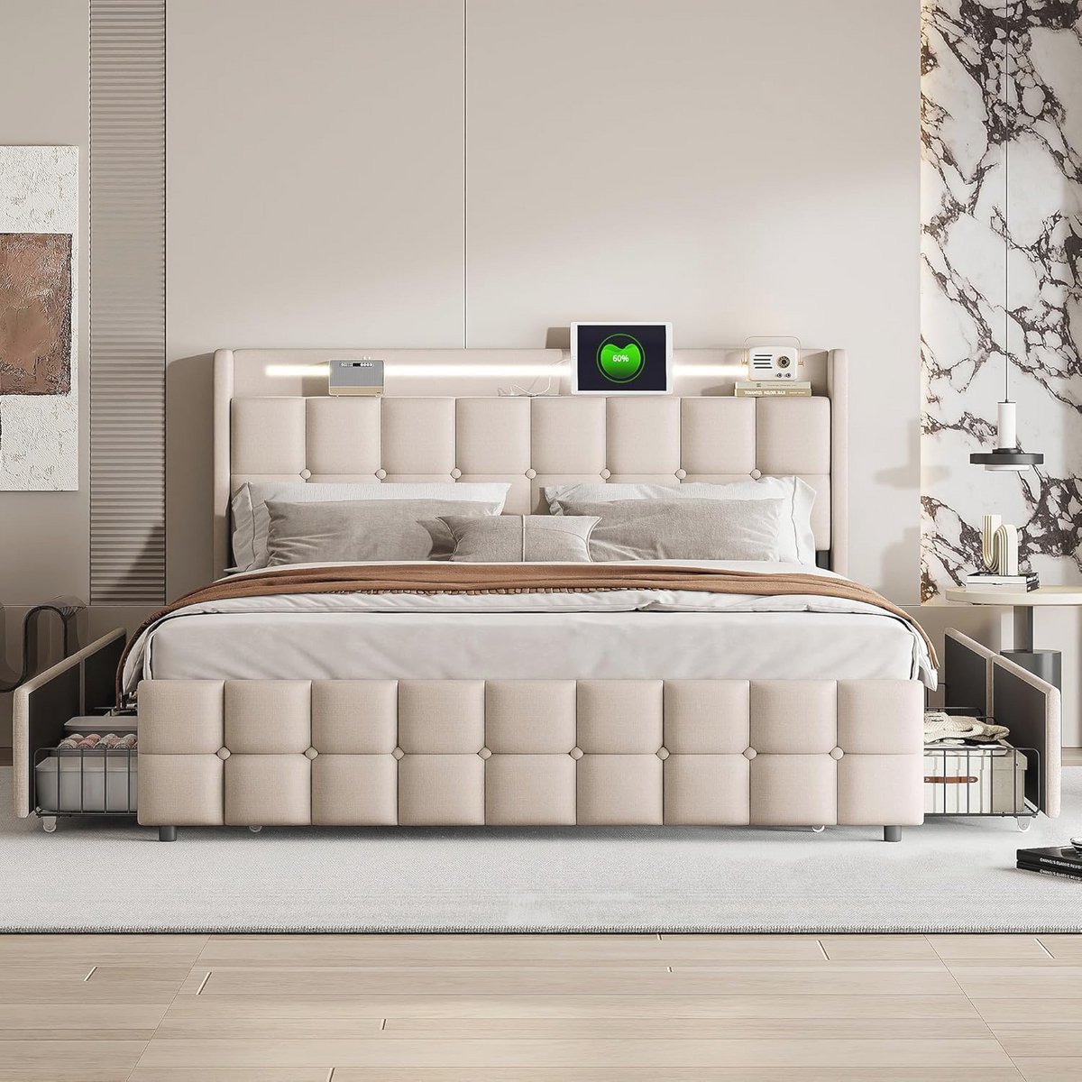 Tweepersoonsbed 180x200 met Opbergruimte, USB-Oplaadfunctie en LED-hoofdeinde