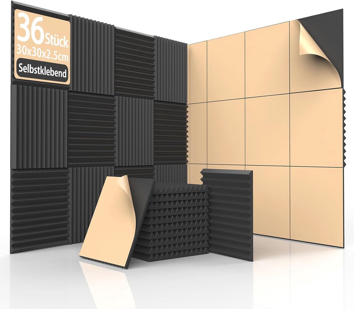 Akoestisch schuim, zelfklevend, wigvormige panelen voor geluidsisolatie - 36 stuks 30 x 30 x 2,5 cm