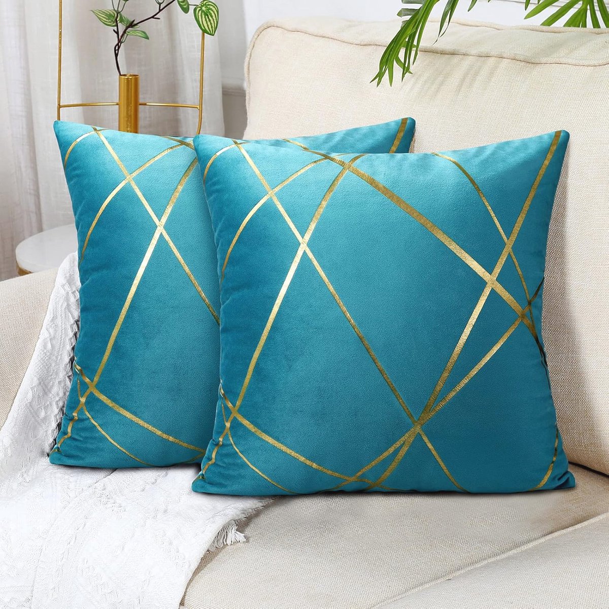 Decoratieve Kussenslopen 40 x 40 cm in Blauw met Gouden Lijnen - Set van 2