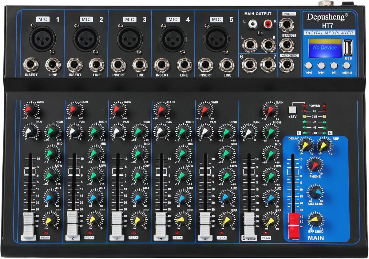 Draagbare Bluetooth Audio Mixer met 7 Kanalen en USB voor Computeropnames