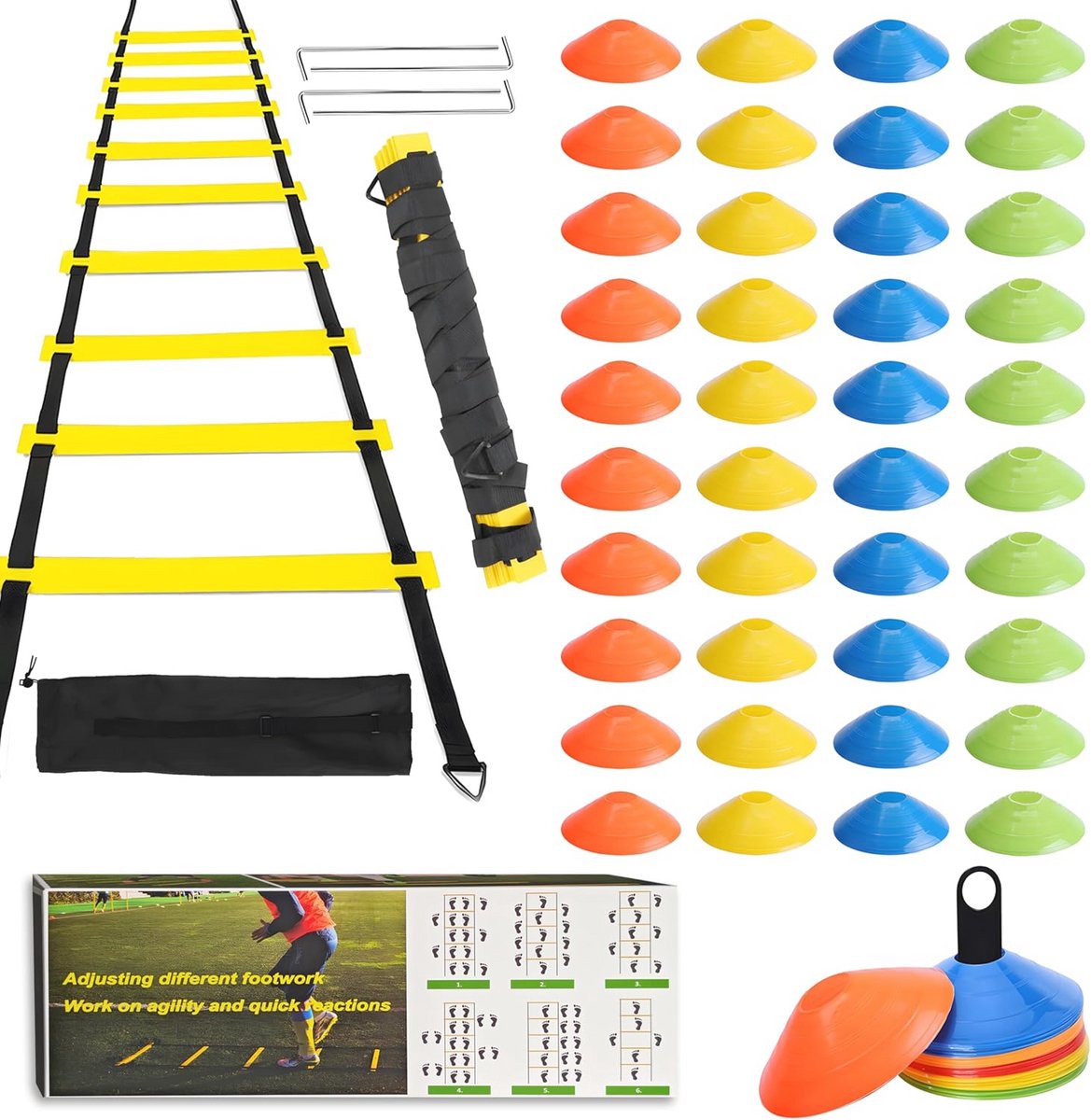 Voetbaltrainingsaccessoires set met coördinatieladder, sportkegels en draagtas, ideaal voor training en als cadeau
