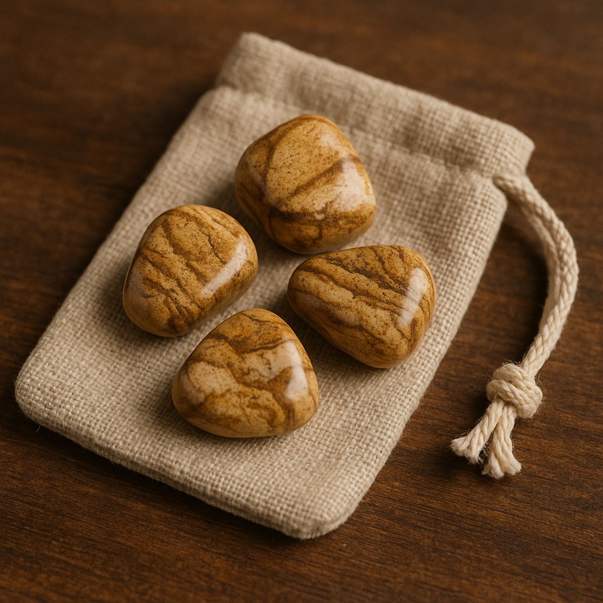 Picture Jaspis trommelstenen A kwaliteit in een linnen kado zakje (80 gram +/-8 stuks)