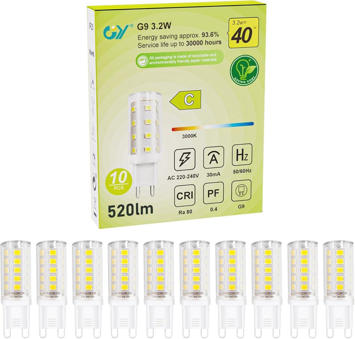 G9 LED Lampen Warmwit 3000K - 10 Stuks, 3,2W, 520 Lumen, Flikker Vrij en Energiezuinig