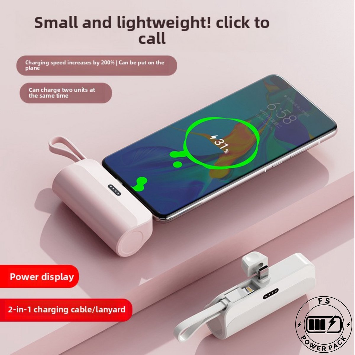 Universeel Draagbare Mini Power Bank FS Power Pack Mini Power Bank 5000mAh – Sleutelhanger Powerbank – Ultra Compact – Snelladen 2.1A – Type-C In/Output – Pocket Noodoplader voor Smartphone – Reizen & Onderweg-iPhone/Samsung Cadeau Nieuwjaar — cadeau in Elektronica - foto 7