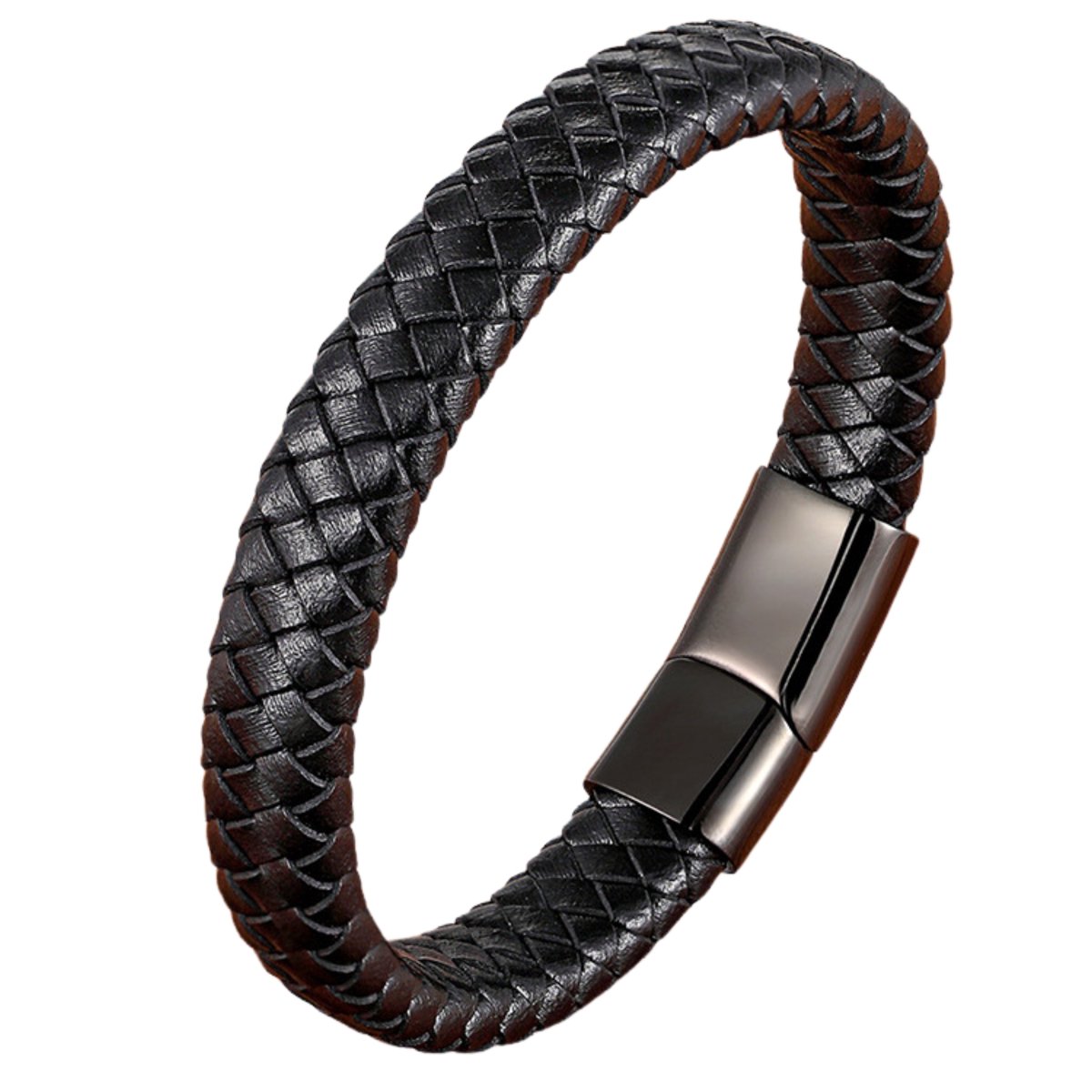 Leren Armband Heren - Gevlochten Zwart Leer - 21 cm - Zwarte RVS Sluiting - Luxe Herenarmband - Perfect als cadeau