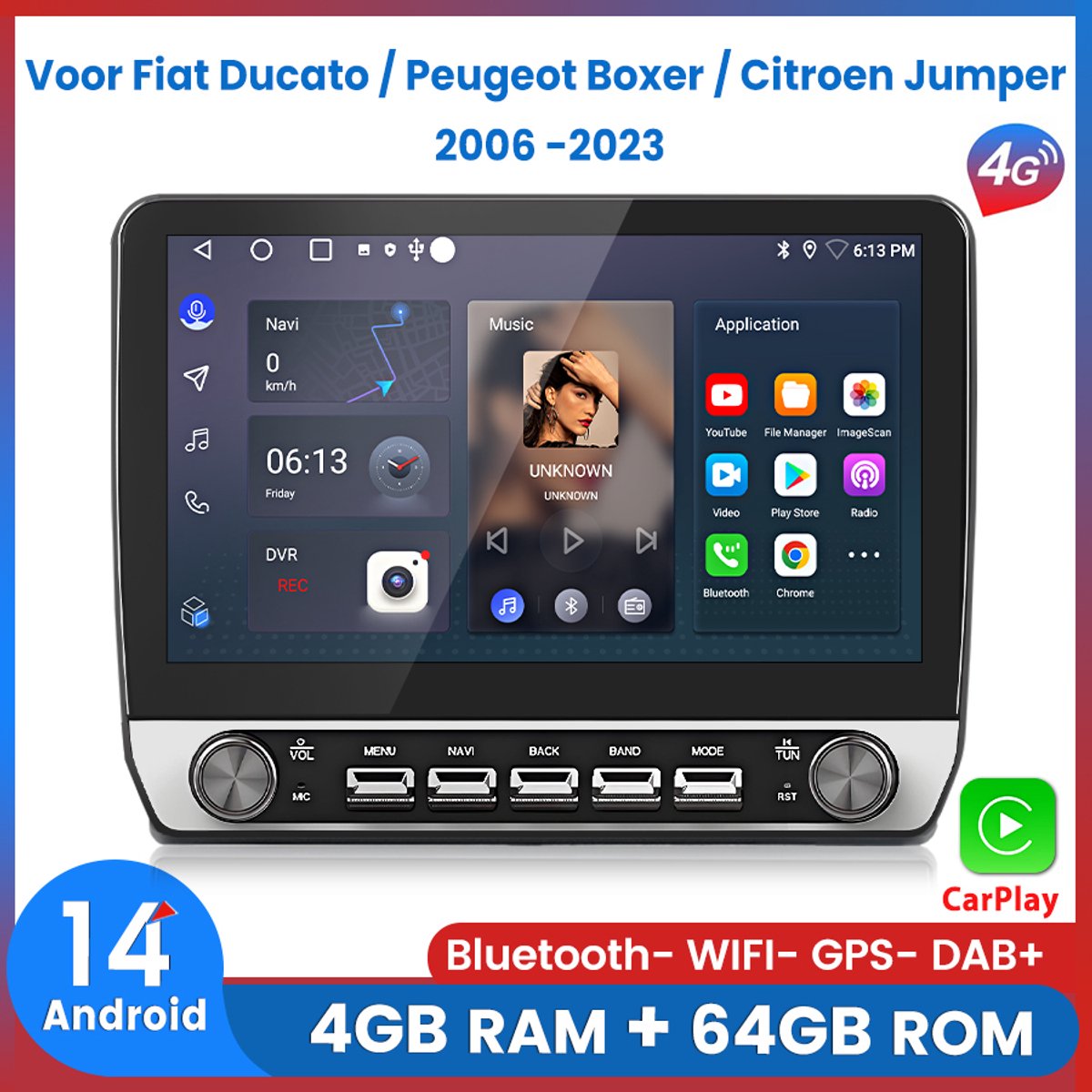 Awesafe 4+64GB V1PRO Autoradio - Geschikt Voor Fiat Ducato / Peugeot Boxer / Citroen Jumper 2006 t/m 2023 - 10.1 Inch IPS TouchScreen Radio Scherm - Draadloos Apple Carplay & Android auto - GPS Navigatie 4G WIFI - Bluetooth & Wifi - 8 Kern (Core)