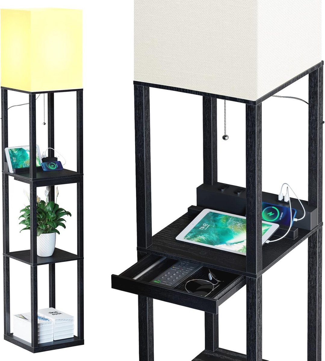 Staande lamp met plank van massief hout, 3 kleurtemperaturen en 2 USB-oplaadpoorten voor w
