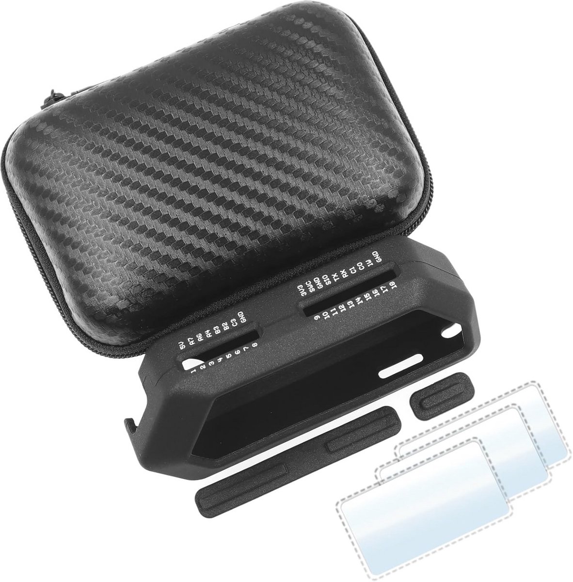 5-in-1 Beschermende Accessoires Set voor Flipper Zero - Zwarte Set met Zachte Siliconen Hoes, EVA Draagtas, Screen Protectors en Stofpluggen