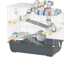 Merax Hamsterkooi Vier Verdiepingen Met Tunnels Houten Huisje Accessoires Grote Bovenopening 78×45×73 Cm Grijs