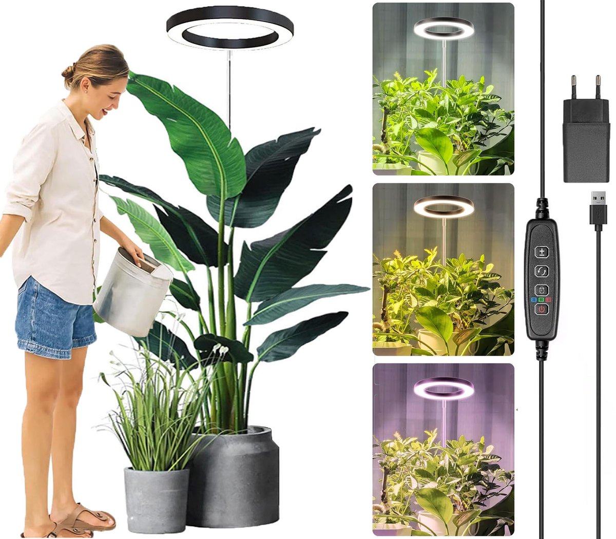 MUPOO groeilamp planten Zwart 72 LEDS met Adapter - kweeklamp led full spectrum met Dimbare Helderheid -16cm ring10-traps dimmen-verstelbaar (35-155cm)-Timer 3/9/12-Indoor planten lamp- Grote Planten verlichting