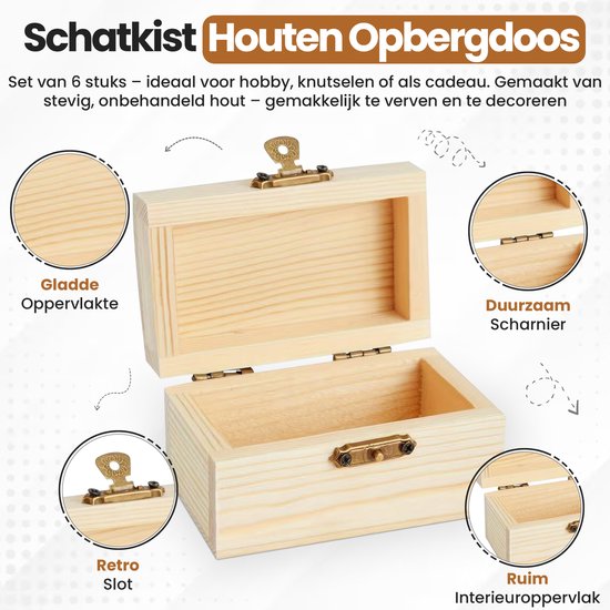 OUTALIZ Houten Kist Klein, 10 Stuks Schatkist Kist, Mini Schatkist van Hout, Sieradenkistje Zelf, DIY Kleine Houten Kist met Deksel, Geschikt voor het Opbergen en Decoreren
