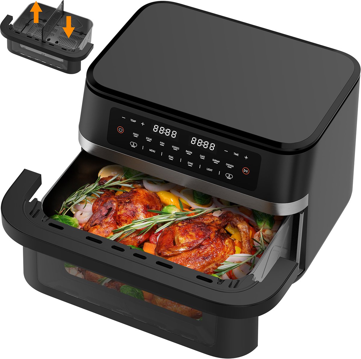 Dewelling DUAF-LR-100A - 11L Dual Zone Heteluchtfriteuse Met Uitneembare Scheidingswand - 2950W Airfryer Met Kijkvenster