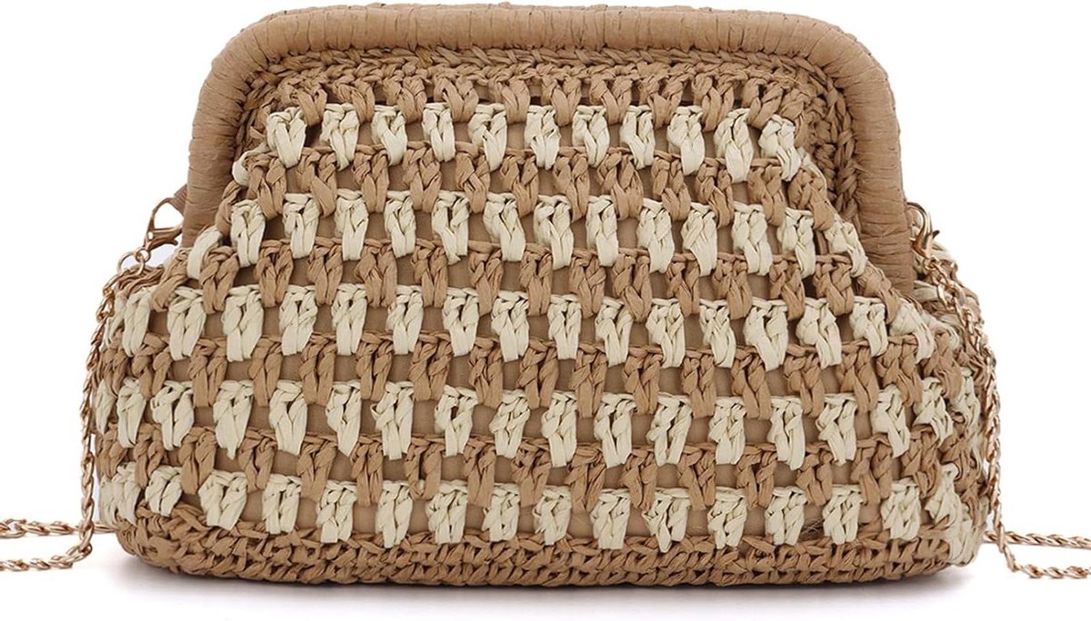 Zomerse-strooien-clutch-tas--Dames--Geweven-Design--Vakantie-uitgaan--Ruimte-Kettingriem--Stijlvol--Zomer-Accessoire--Geschikt-voor-elke-outfit