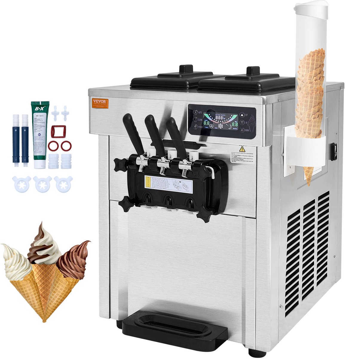 VEVOR Commerciële Ijsmachine 18-28L/u 3 Smaken Italiaanse Ijsmachine 2 x 5.5L Trechter LCD-paneel Automatische Voorkoeling Reiniging voor Yoghurt Koffie Snackbar Restaurant