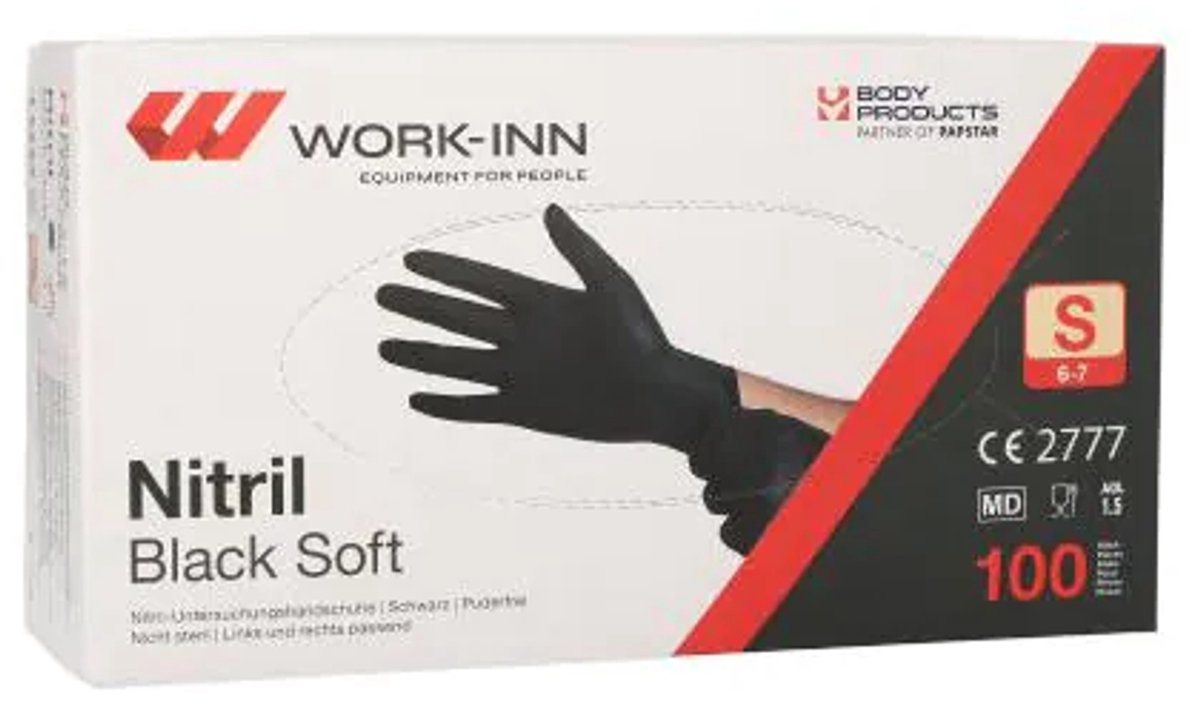 10x 100 WORK-INN/PS Handschoenen Nitril poedervrij Black Soft zwart Maat: S