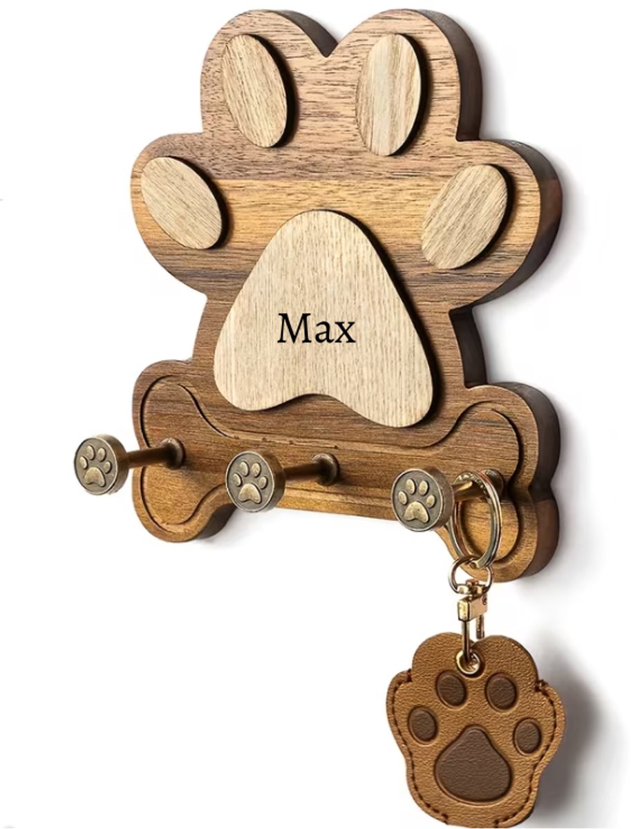 Luxe Rustiek Houten Wandhaak Hond | Gepersonaliseerde Riemhanger Hond | Bruin | Wandhaak graveren | Wandhaak Hondenpoot | Wandhaak Pootafdruk | Houten Wandhaak Riemhanger inclusief naam Graveren | Petshop Seven