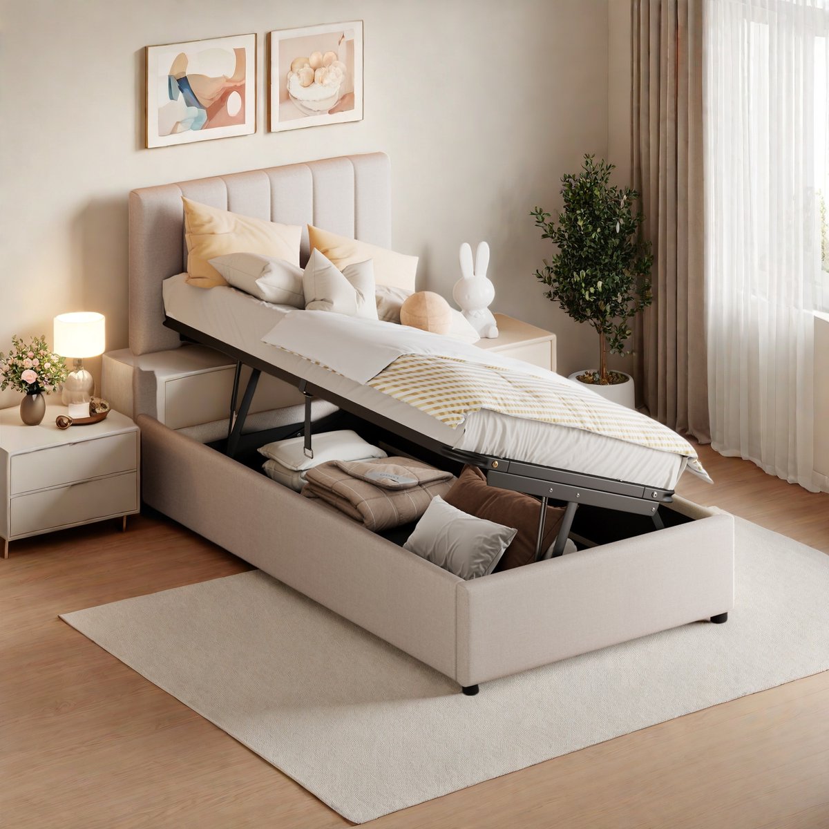ROSAHQNDA Kinderbed 90x200cm met opbergruimte, gestoffeerd eenpersoonsbed, hydraulisch bed, bed met opbergruimte, beddengoed, zonder matras Beige hydraulische Bed