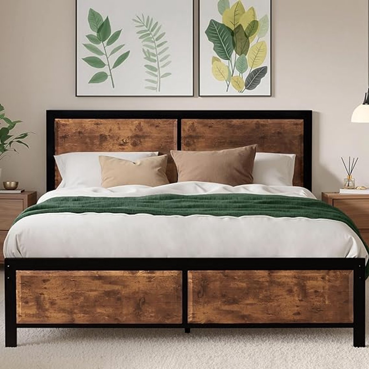 Brooklyn Luxe Tweepersoonsbed 140x200 cm – Metaal en Massief Houten Hoofdeinde – Vintage Industrieel Design – Met Lattenbodem & Opbergruimte – Stil & Piepvrij – Bruin Depauwwonen