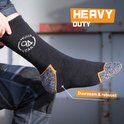 Zwarte werksok met verstevigde hiel en teen, oranje accenten. "HEAVY DUTY"