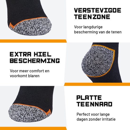 Dichtbij detail van zwarte werksokken met verstevigde teen en hiel, oranje accenten. "VERSTEVIGDE TEENZONE", "EXTRA HIEL BESCHERMING", "PLATTE TEENNAAD"