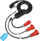 Mobiele Thuislader Type 2 16A 3-fase 11 kW (230/400v) | 15 meter | CEE stekker rood IP55 Waterdicht inclusief verloopstekkers & timer functie