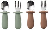 Funnies Kinderbestek 4-delig - Couverts pour bébé avec 2 Cuillères & 2 Fourchettes - Siliconen & RVS - Sans BPA et Sécurisé - Pour Bébés & Tout-petits - Idéal pour Manger & Grignoter - Design Durable - Caramel & Stone Green
