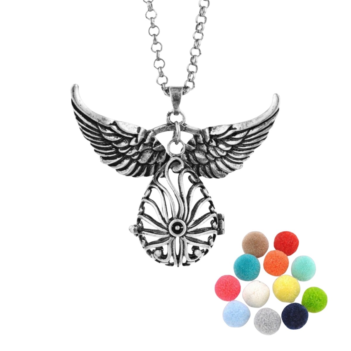 Geurketting met Bal - Hanger met Vleugels + 10 geur pompoms voor parfum of etherische olie - Sieraad Engel - aromahanger