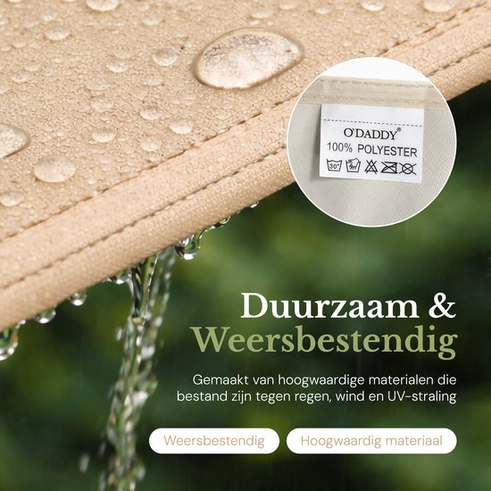 Beige schaduwdoek met waterdruppels, met label 'O'DADDY 100% POLYESTER'.