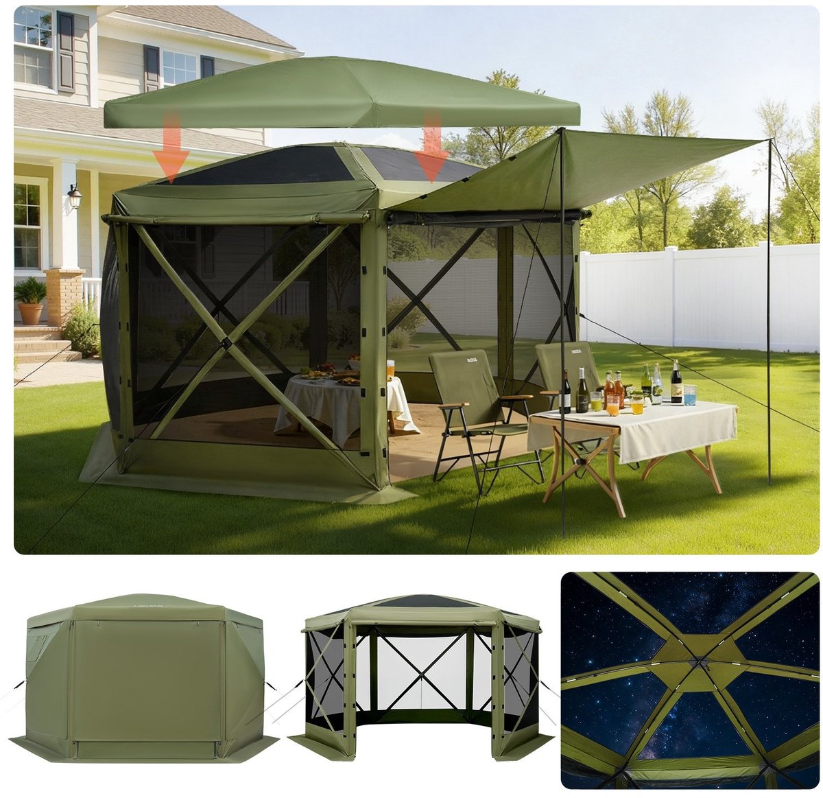 Pop-up Paviljoen - 6-Hoekige Partytent - Afmeting 3,6 x 3,6 m - Voor 8-10 Personen - Afneembaar Dak - Met Draagtas - Zonnescherm Tuin & Terras - Groen