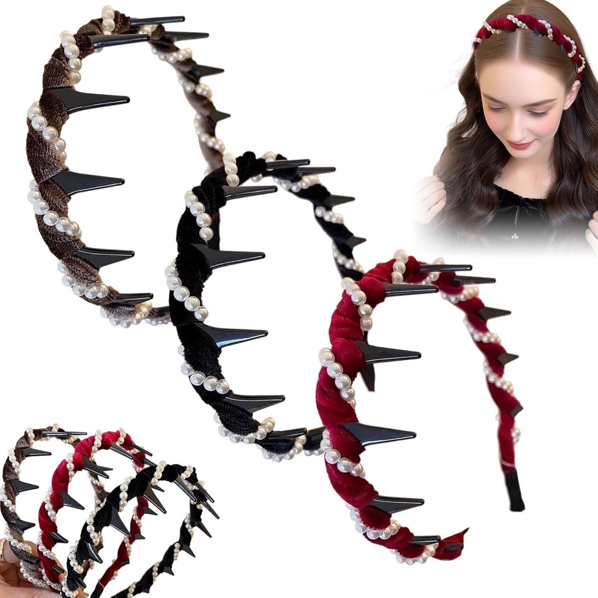 set van 3 retro haarbanden voor dames | Versierd met imitatieparels | Geschikt voor vrouwen en meisjes | Antislip ontwerp | Creëert gemakkelijk een volumineuze look | voor feestjes, bruiloften, thuis en andere gelegenheden|Cyslmuk®