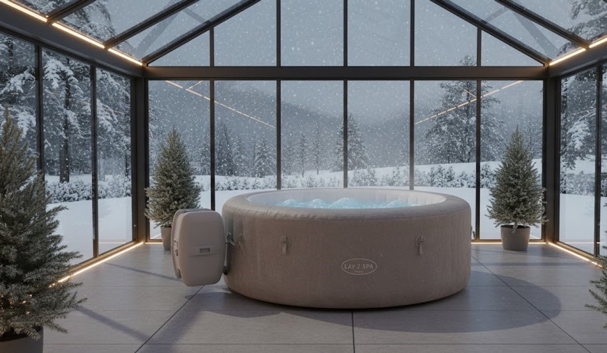 Luxe Opblaasbare Jacuzzi Whirlpool Zürich AirJet – Rond, 4 Persoons Spa met 120 AirJet Luchtbubbels, Verwarmd tot 40°C, PVC, Inclusief Isolerende Afdekking en ChemConnect Doseersysteem Bellaverowonen