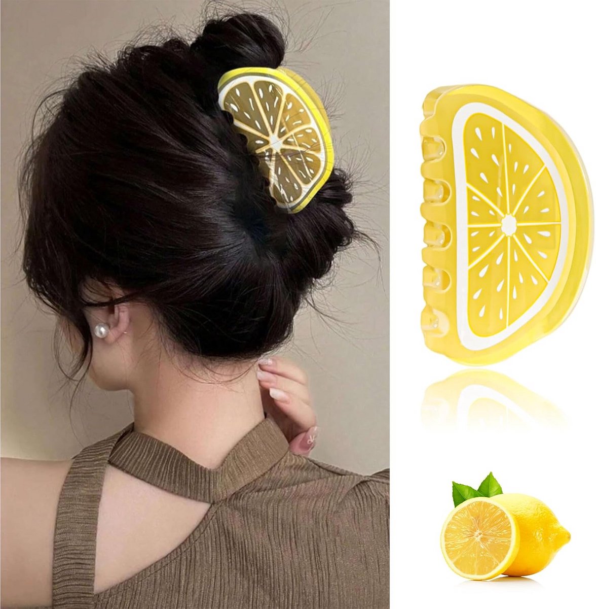 Grote Haarclip met Citroen Design - Stevige Klem voor Dik Haar - Zomerse Hawaii Haarspeld