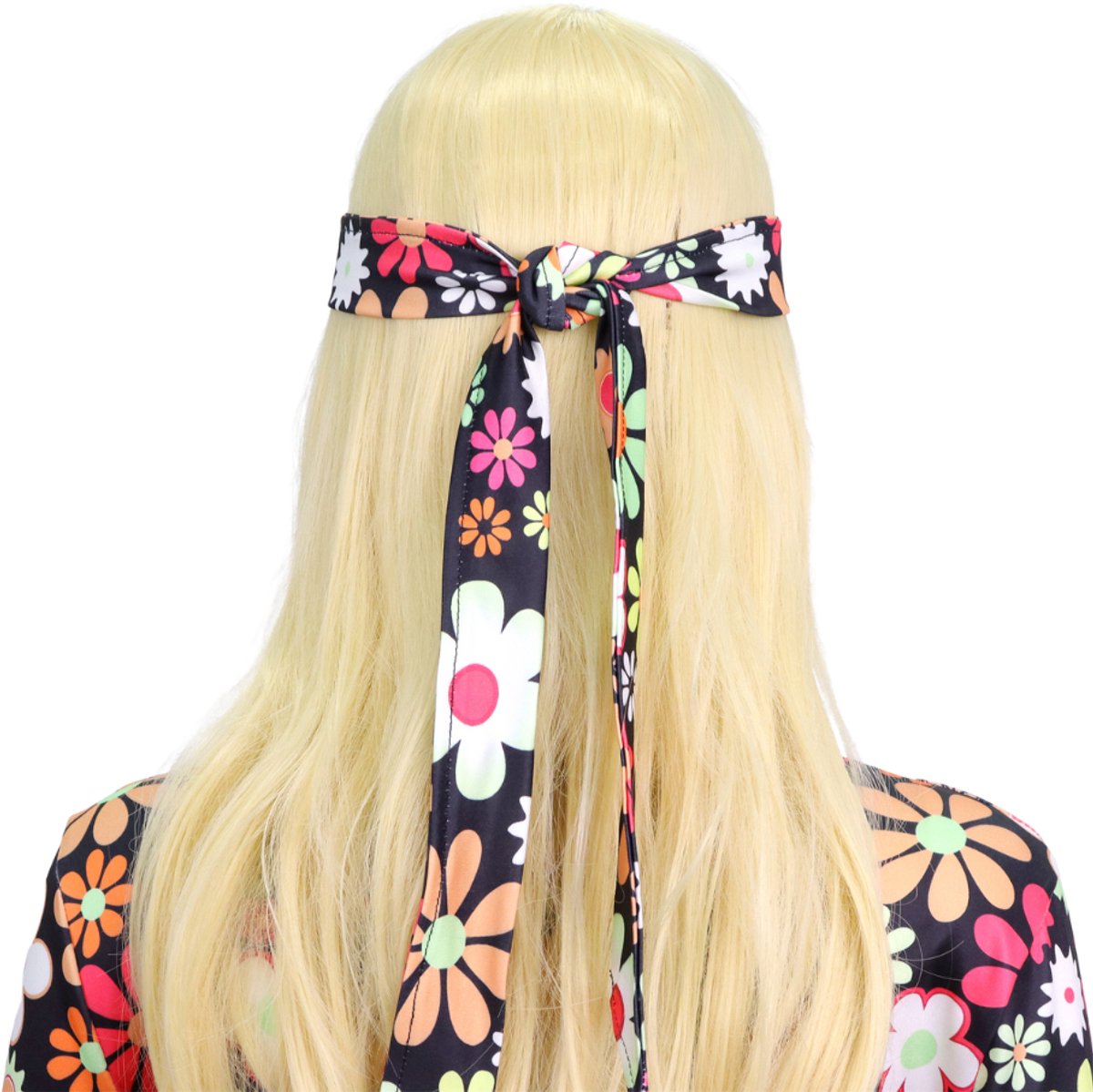 Joya Party® Hippie Verkleedjurk Dames Zwart met Bloemen print | Jaren Flower Power Kostuum | Inclusief Haarband | Verkleedkleding Bloemen Volwassenen | Stretch Stof | Carnaval / Themafeest | — afbeelding 13