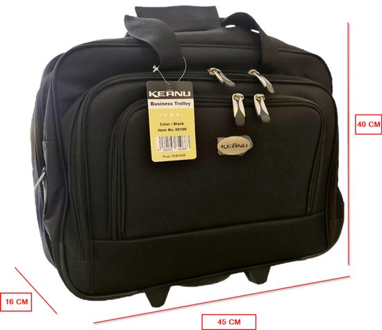 Zwarte business trolley met wieltjes, handvatten, afneembare schouderband en Keanu label.