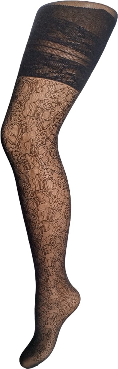Bonnie Doon Grote Maten Kant in Bloemen Motief Panty Flower Lace Curvy Tights Zwart maat 48/50 3XL - Versteviging bovenbeen - Katoenen kruisje - Elegant voor Maatje meer - Kant in Bloem motief - Comfortabele Pasvorm - Black - BP241905.101