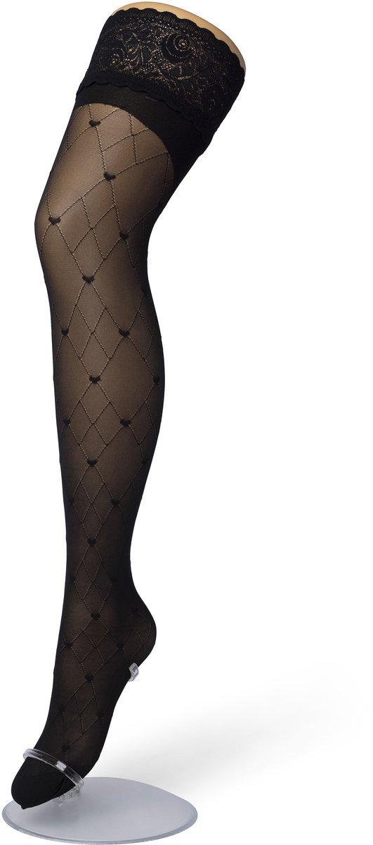 Bonnie Doon Dames Hold Up met Hartjes Print maat L/XL Zwart - Brede Band met Siliconen - Little Hearts Hold Up - Zakt niet af - Bies aan Achterkant - Panty zonder Broekje - Siliconenrand - Blijven Perfect Plakken - Panty Kousen - Black - BP201705.101