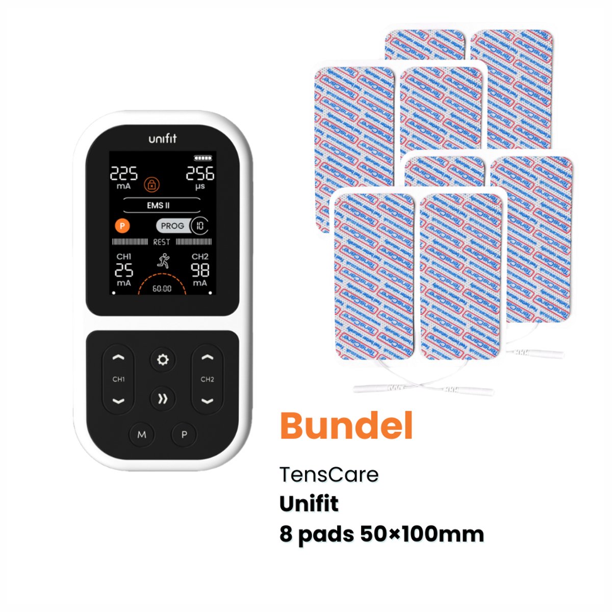 TensCare – Unifit bundel met 2 Sets grote elektroden (50x100mm)s - Dubbelkanaals TENS Apparaat en EMS Spierstimulator – 12 TENS programma's – - Pijnverlichting - Elektrodentherapie - Spierstimulator - Pijntherapie