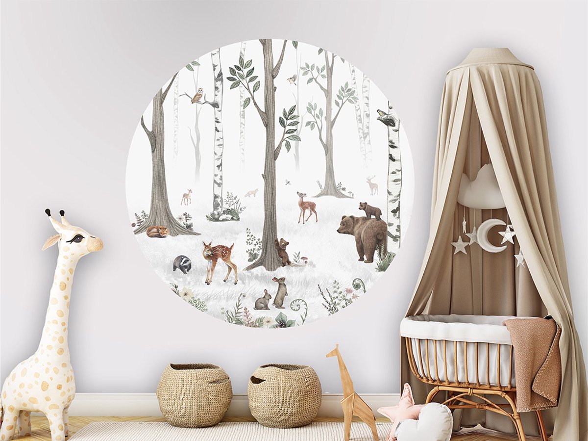 Muurcirkel - Kinderkamer - Bosdieren - White Forest - Bosdierenkamer - Wanddecoratie - ø 80 cm