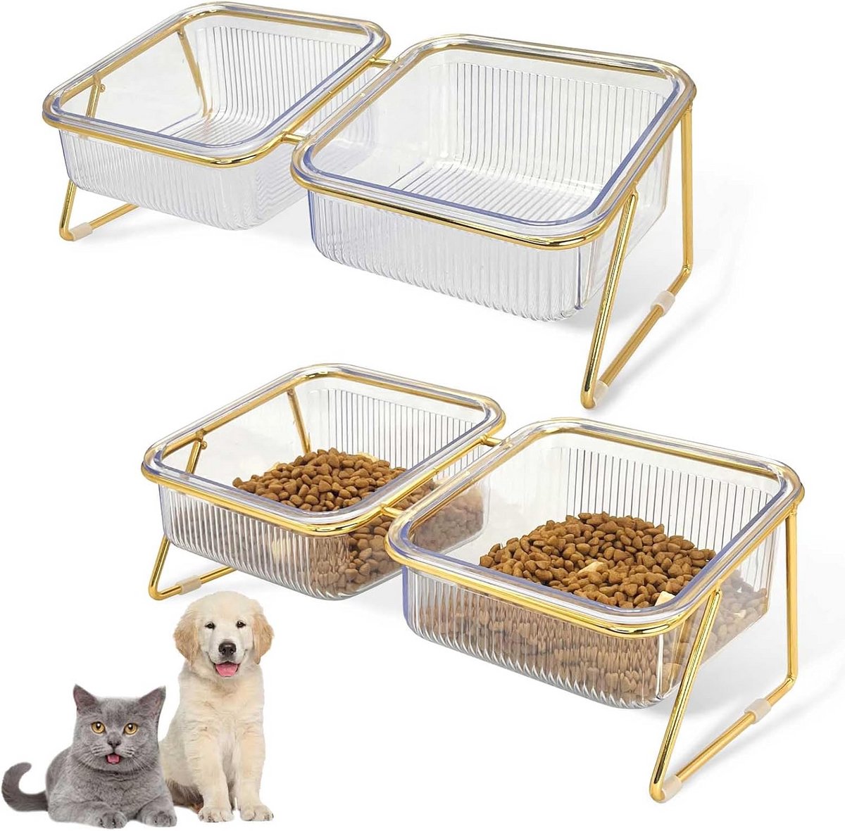 2 Stuks Verhoogde Dubbele Kattenkommen 15° Gekanteld Transparant met IJzeren Standaard